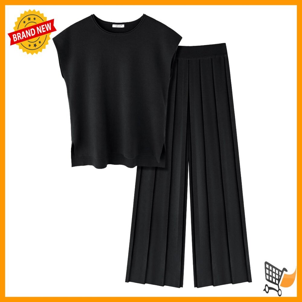 Knit Cap Sleeve Top Wide Leg Pleated Pants Two Piece Set Casual Dressy Lounge
